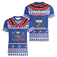 Personalised Toa Samoa Rugby Christmas Women V-Neck T-Shirt Ula Fala Samoan Pattern Blue LT14 - Polynesian Pride