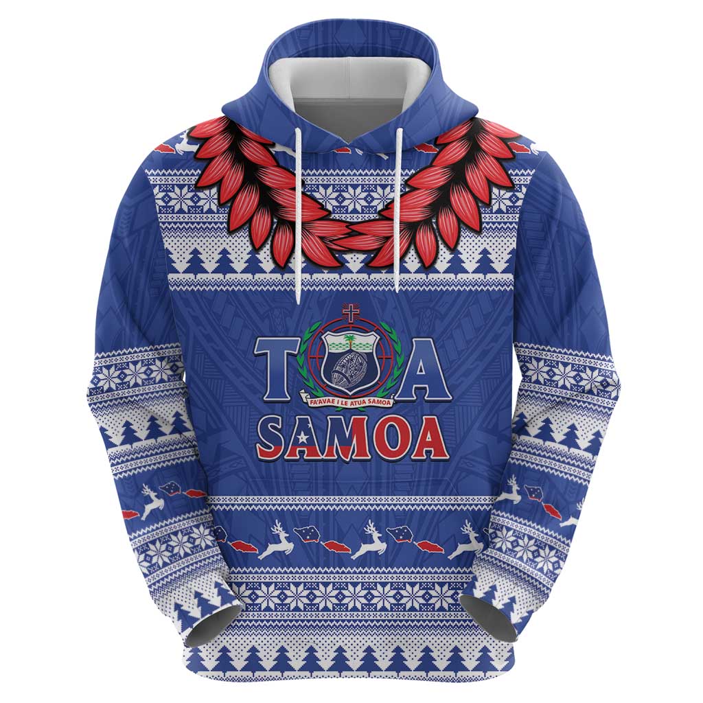 Personalised Toa Samoa Rugby Christmas Zip Hoodie Ula Fala Samoan Pattern Blue - Polynesian Pride