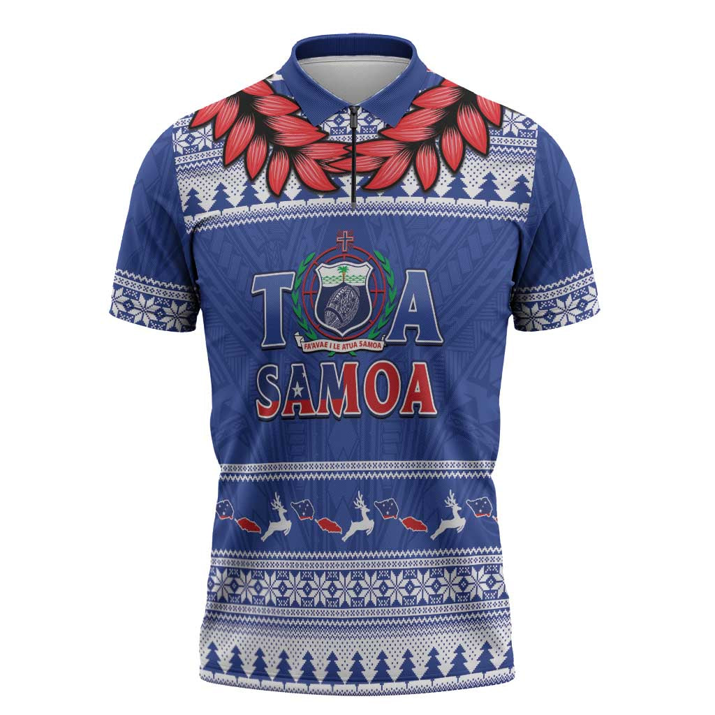 Personalised Toa Samoa Rugby Christmas Zipper Polo Shirt Ula Fala Samoan Pattern Blue - Polynesian Pride