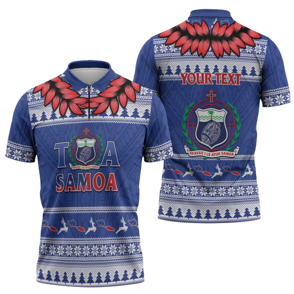 Personalised Toa Samoa Rugby Christmas Zipper Polo Shirt Ula Fala Samoan Pattern Blue - Polynesian Pride
