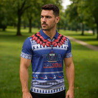 Personalised Toa Samoa Rugby Christmas Zipper Polo Shirt Ula Fala Samoan Pattern Blue - Polynesian Pride