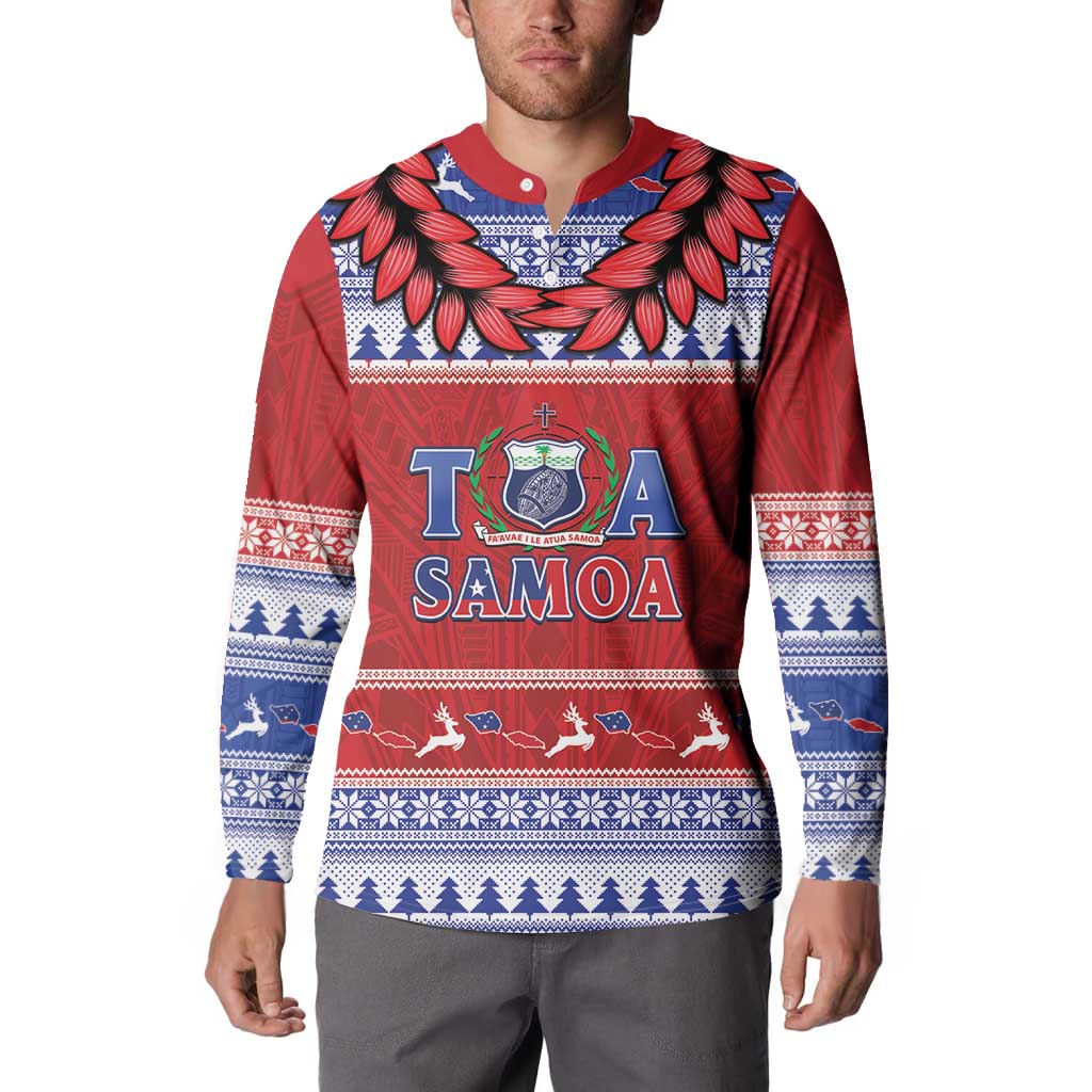 Personalised Toa Samoa Rugby Christmas Button Sweatshirt Ula Fala Samoan Pattern Red - Polynesian Pride