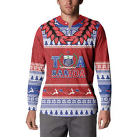 Personalised Toa Samoa Rugby Christmas Button Sweatshirt Ula Fala Samoan Pattern Red - Polynesian Pride