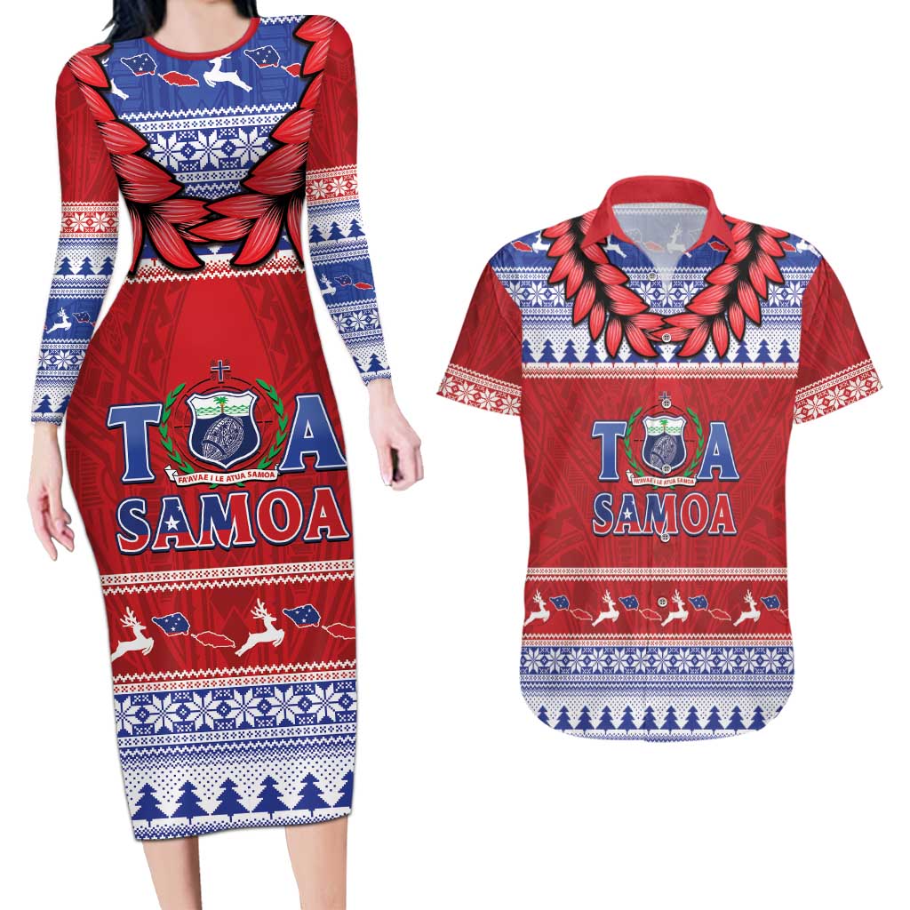 Personalised Toa Samoa Rugby Christmas Couples Matching Long Sleeve Bodycon Dress and Hawaiian Shirt Ula Fala Samoan Pattern Red LT14 Red - Polynesian Pride
