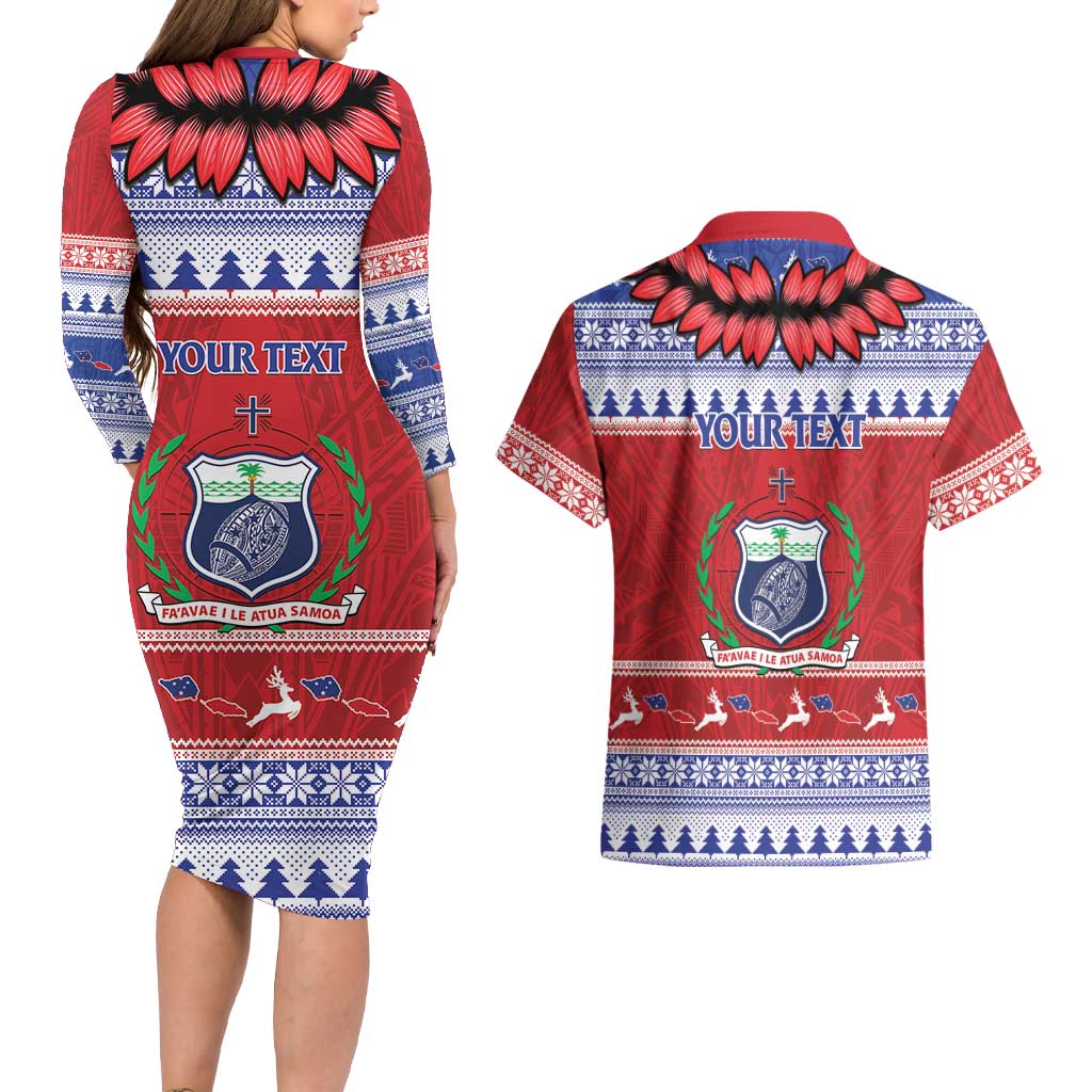 Personalised Toa Samoa Rugby Christmas Couples Matching Long Sleeve Bodycon Dress and Hawaiian Shirt Ula Fala Samoan Pattern Red LT14 - Polynesian Pride