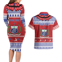 Personalised Toa Samoa Rugby Christmas Couples Matching Long Sleeve Bodycon Dress and Hawaiian Shirt Ula Fala Samoan Pattern Red LT14 - Polynesian Pride