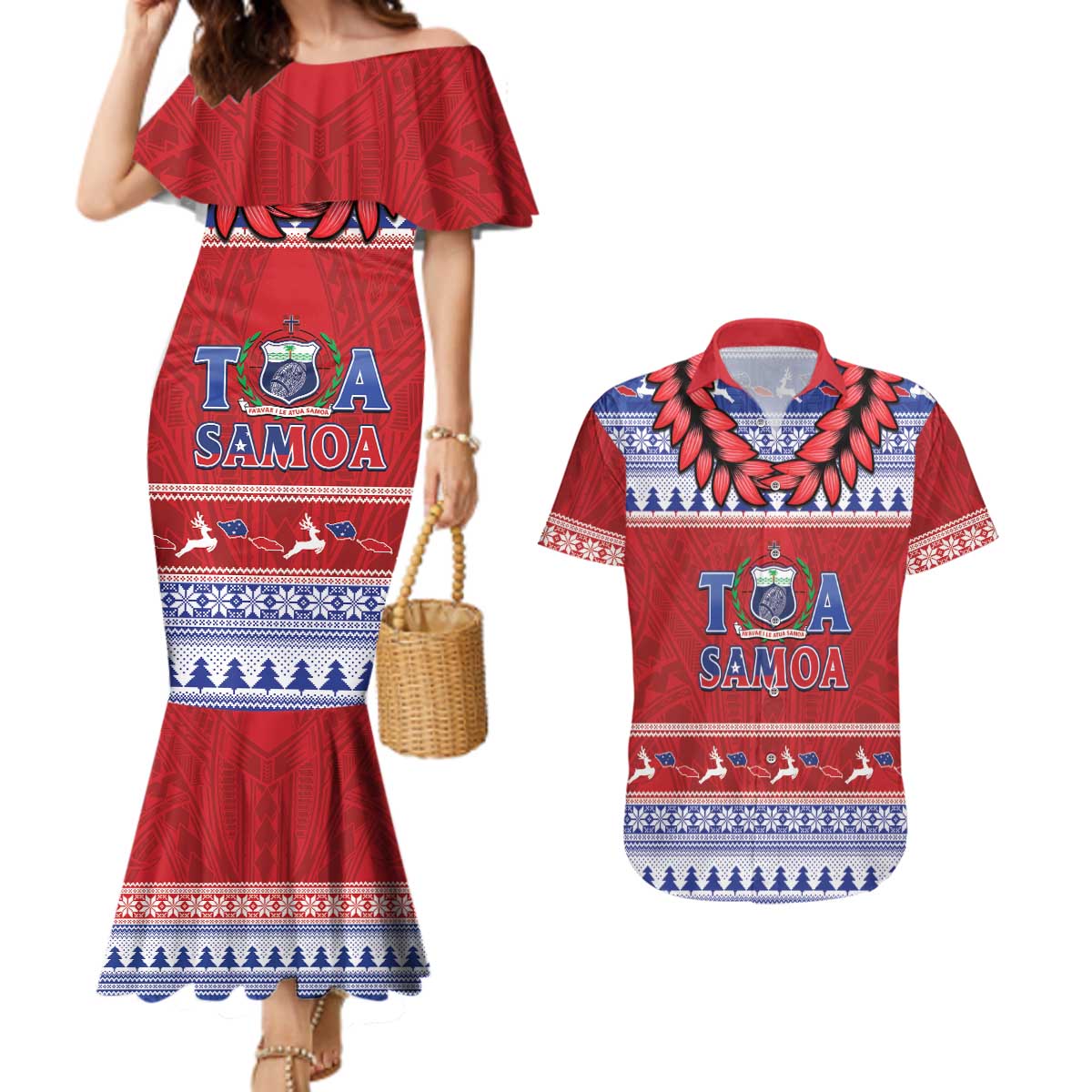 Personalised Toa Samoa Rugby Christmas Couples Matching Mermaid Dress and Hawaiian Shirt Ula Fala Samoan Pattern Red LT14 Red - Polynesian Pride