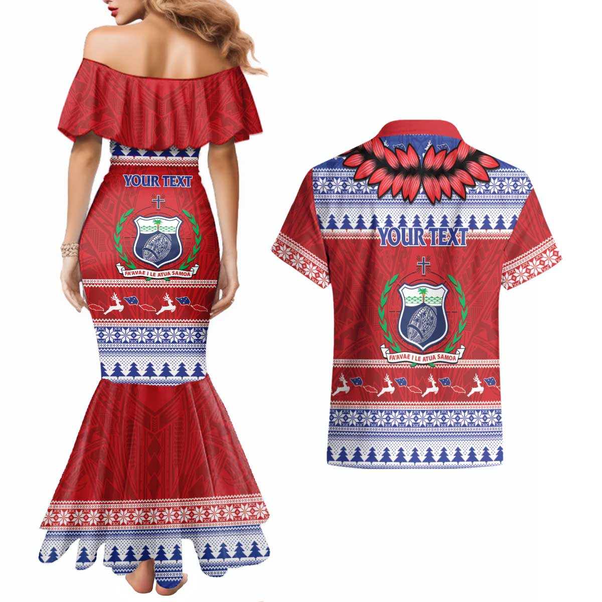 Personalised Toa Samoa Rugby Christmas Couples Matching Mermaid Dress and Hawaiian Shirt Ula Fala Samoan Pattern Red LT14 - Polynesian Pride