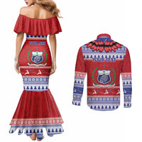 Personalised Toa Samoa Rugby Christmas Couples Matching Mermaid Dress and Long Sleeve Button Shirt Ula Fala Samoan Pattern Red - Polynesian Pride