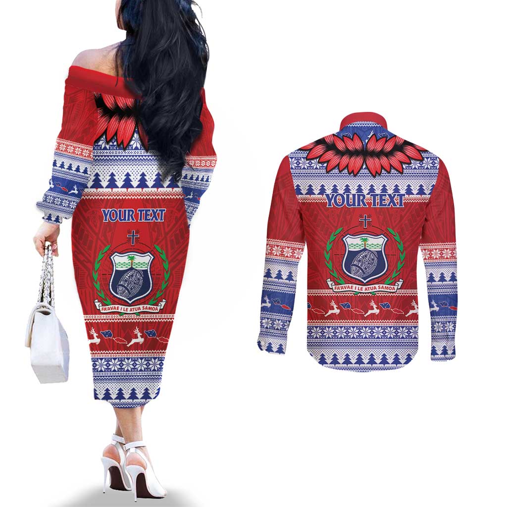 Personalised Toa Samoa Rugby Christmas Couples Matching Off The Shoulder Long Sleeve Dress and Long Sleeve Button Shirt Ula Fala Samoan Pattern Red LT14 - Polynesian Pride