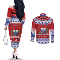 Personalised Toa Samoa Rugby Christmas Couples Matching Off The Shoulder Long Sleeve Dress and Long Sleeve Button Shirt Ula Fala Samoan Pattern Red LT14 - Polynesian Pride