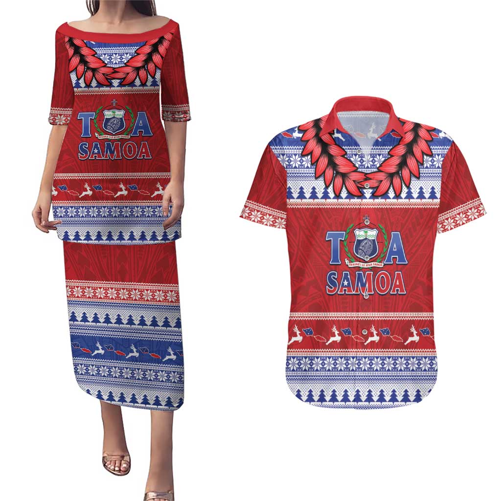 Personalised Toa Samoa Rugby Christmas Couples Matching Puletasi and Hawaiian Shirt Ula Fala Samoan Pattern Red - Polynesian Pride