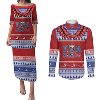 Personalised Toa Samoa Rugby Christmas Couples Matching Puletasi and Long Sleeve Button Shirt Ula Fala Samoan Pattern Red LT14 Red - Polynesian Pride