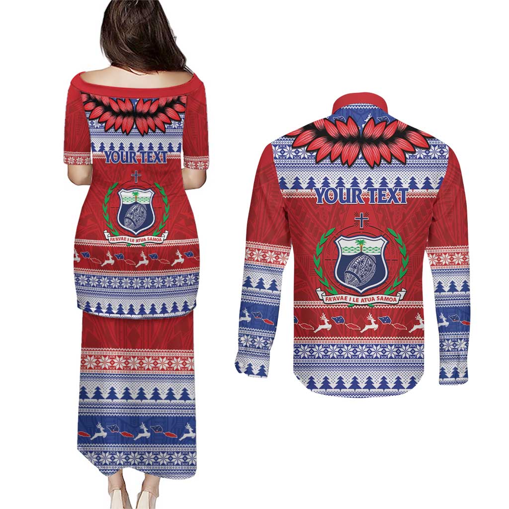Personalised Toa Samoa Rugby Christmas Couples Matching Puletasi and Long Sleeve Button Shirt Ula Fala Samoan Pattern Red LT14 - Polynesian Pride