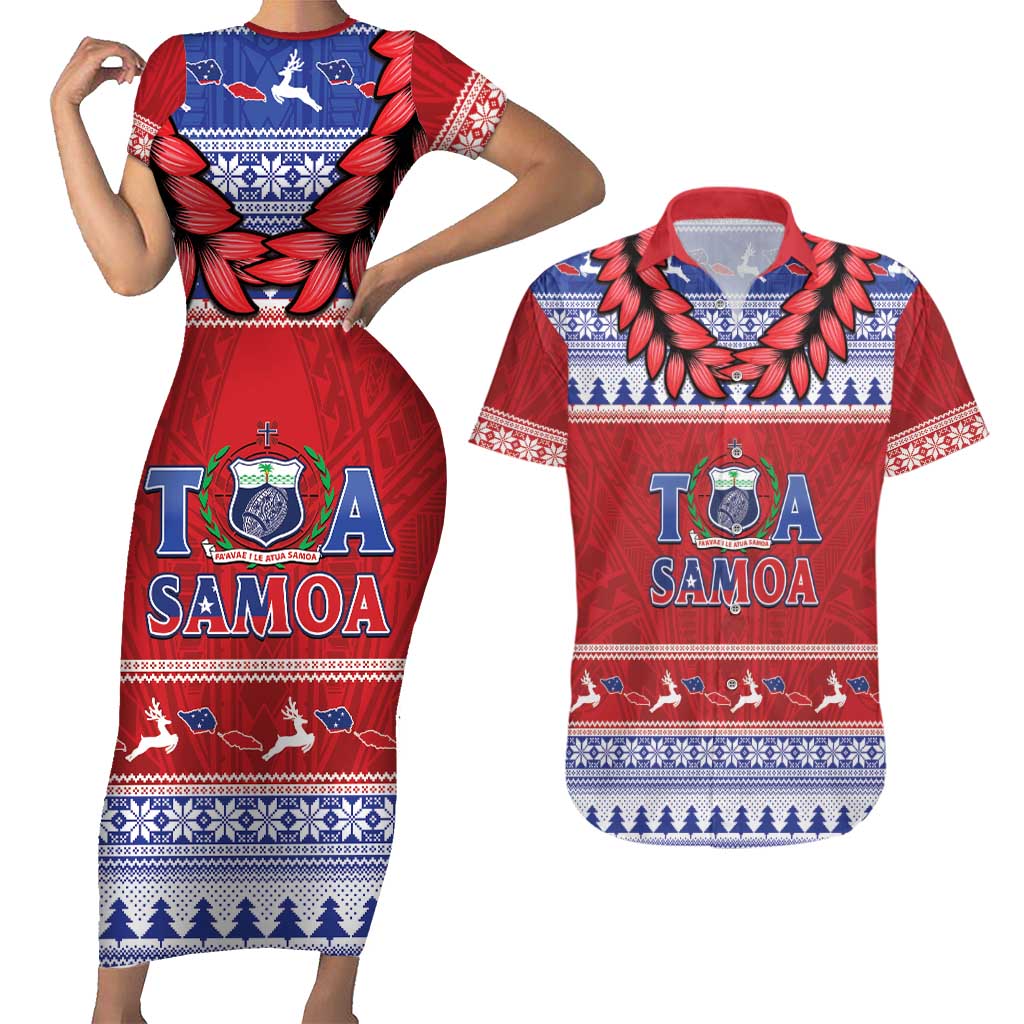 Personalised Toa Samoa Rugby Christmas Couples Matching Short Sleeve Bodycon Dress and Hawaiian Shirt Ula Fala Samoan Pattern Red LT14 Red - Polynesian Pride