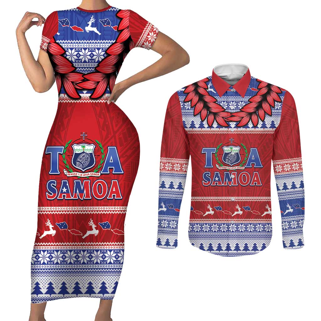 Personalised Toa Samoa Rugby Christmas Couples Matching Short Sleeve Bodycon Dress and Long Sleeve Button Shirt Ula Fala Samoan Pattern Red - Polynesian Pride