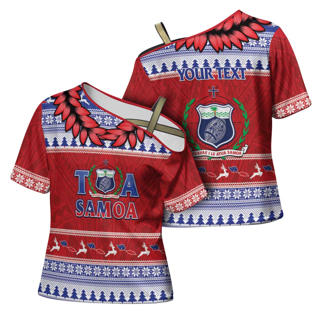 Personalised Toa Samoa Rugby Christmas Cross Shoulder Shirt Ula Fala Samoan Pattern Red - Polynesian Pride
