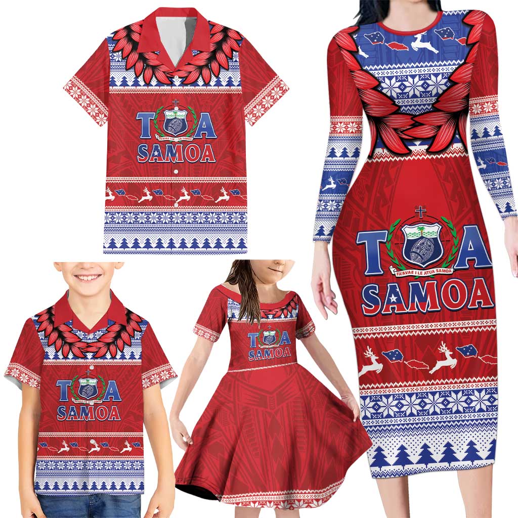 Personalised Toa Samoa Rugby Christmas Family Matching Long Sleeve Bodycon Dress and Hawaiian Shirt Ula Fala Samoan Pattern Red LT14 - Polynesian Pride