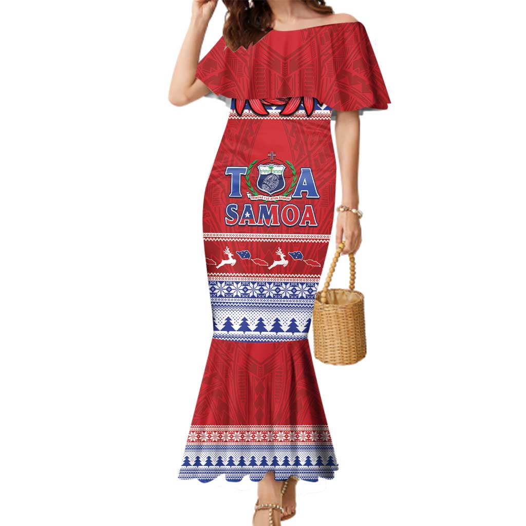 Personalised Toa Samoa Rugby Christmas Family Matching Mermaid Dress and Hawaiian Shirt Ula Fala Samoan Pattern Red LT14 Mom's Dress Red - Polynesian Pride