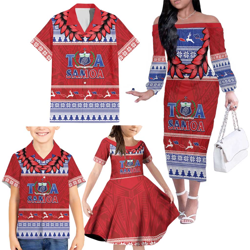 Personalised Toa Samoa Rugby Christmas Family Matching Off The Shoulder Long Sleeve Dress and Hawaiian Shirt Ula Fala Samoan Pattern Red LT14 - Polynesian Pride