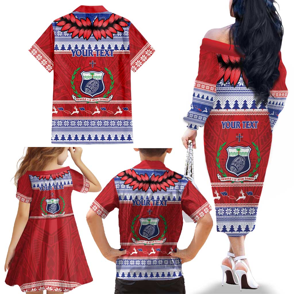 Personalised Toa Samoa Rugby Christmas Family Matching Off The Shoulder Long Sleeve Dress and Hawaiian Shirt Ula Fala Samoan Pattern Red LT14 - Polynesian Pride