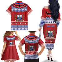 Personalised Toa Samoa Rugby Christmas Family Matching Off The Shoulder Long Sleeve Dress and Hawaiian Shirt Ula Fala Samoan Pattern Red LT14 - Polynesian Pride