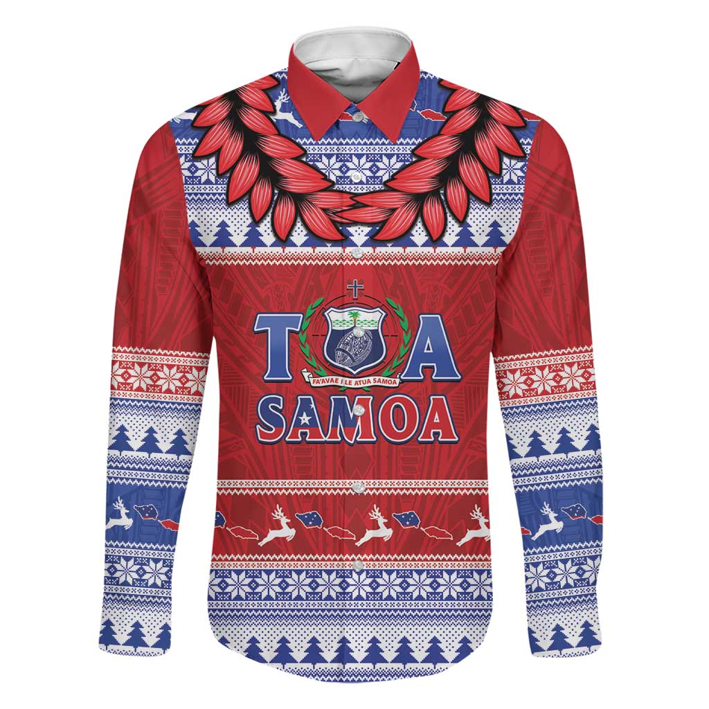 Personalised Toa Samoa Rugby Christmas Family Matching Off The Shoulder Long Sleeve Dress and Hawaiian Shirt Ula Fala Samoan Pattern Red LT14 Dad's Shirt - Long Sleeve Red - Polynesian Pride