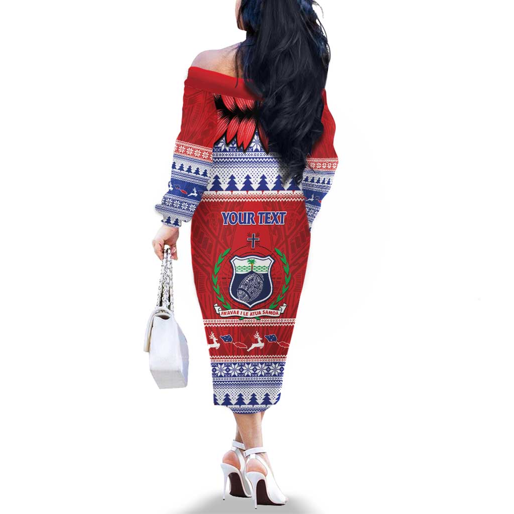 Personalised Toa Samoa Rugby Christmas Family Matching Off The Shoulder Long Sleeve Dress and Hawaiian Shirt Ula Fala Samoan Pattern Red LT14 - Polynesian Pride