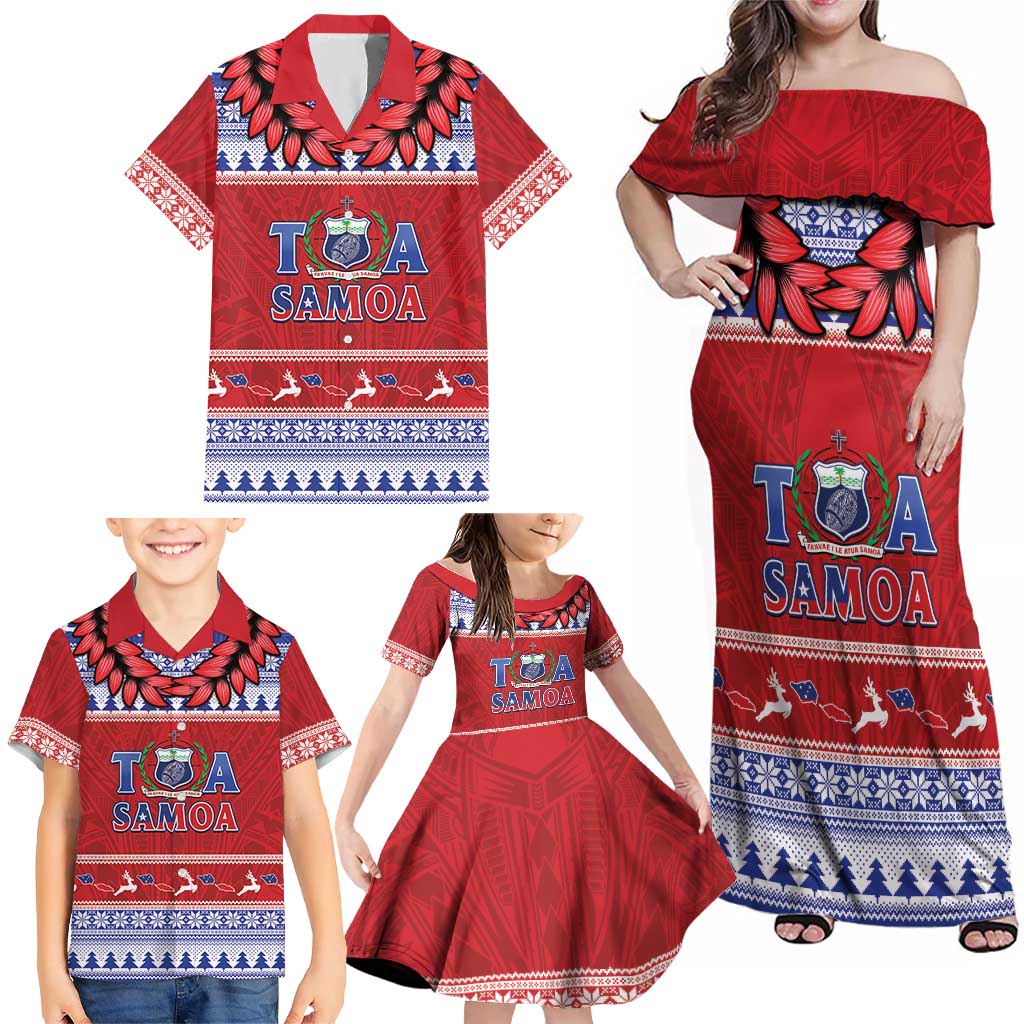 Personalised Toa Samoa Rugby Christmas Family Matching Off Shoulder Maxi Dress and Hawaiian Shirt Ula Fala Samoan Pattern Red - Polynesian Pride