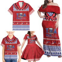 Personalised Toa Samoa Rugby Christmas Family Matching Off Shoulder Maxi Dress and Hawaiian Shirt Ula Fala Samoan Pattern Red LT14 - Polynesian Pride