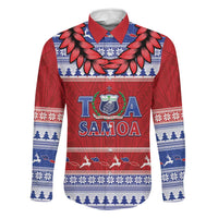 Personalised Toa Samoa Rugby Christmas Family Matching Off Shoulder Maxi Dress and Hawaiian Shirt Ula Fala Samoan Pattern Red LT14 Dad's Shirt - Long Sleeve Red - Polynesian Pride