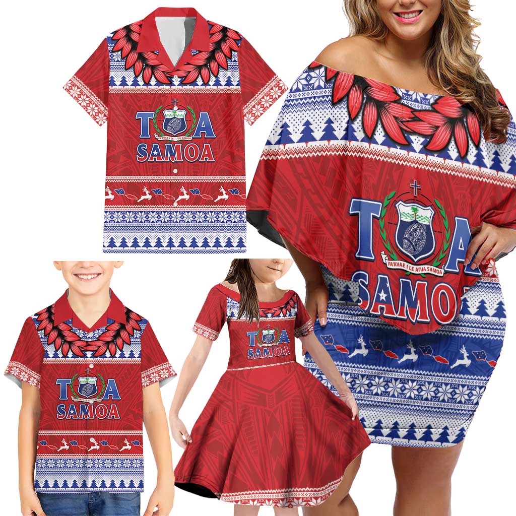 Personalised Toa Samoa Rugby Christmas Family Matching Off Shoulder Short Dress and Hawaiian Shirt Ula Fala Samoan Pattern Red - Polynesian Pride