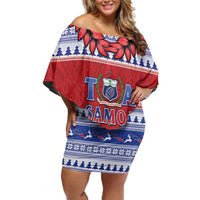 Personalised Toa Samoa Rugby Christmas Family Matching Off Shoulder Short Dress and Hawaiian Shirt Ula Fala Samoan Pattern Red LT14 Mom's Dress Red - Polynesian Pride