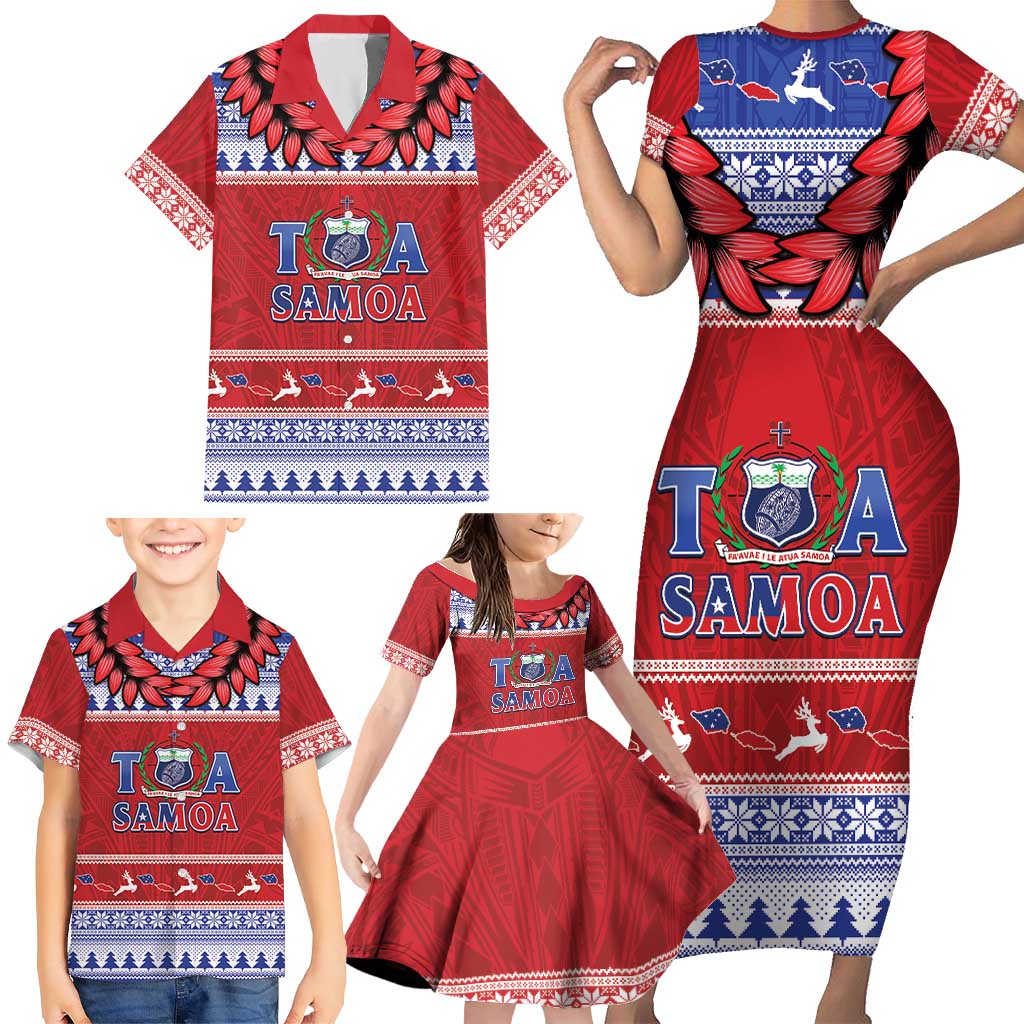 Personalised Toa Samoa Rugby Christmas Family Matching Short Sleeve Bodycon Dress and Hawaiian Shirt Ula Fala Samoan Pattern Red LT14 - Polynesian Pride