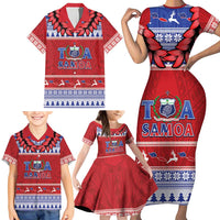 Personalised Toa Samoa Rugby Christmas Family Matching Short Sleeve Bodycon Dress and Hawaiian Shirt Ula Fala Samoan Pattern Red LT14 - Polynesian Pride