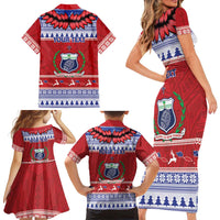 Personalised Toa Samoa Rugby Christmas Family Matching Short Sleeve Bodycon Dress and Hawaiian Shirt Ula Fala Samoan Pattern Red LT14 - Polynesian Pride