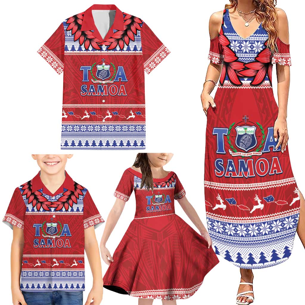 Personalised Toa Samoa Rugby Christmas Family Matching Summer Maxi Dress and Hawaiian Shirt Ula Fala Samoan Pattern Red LT14 - Polynesian Pride