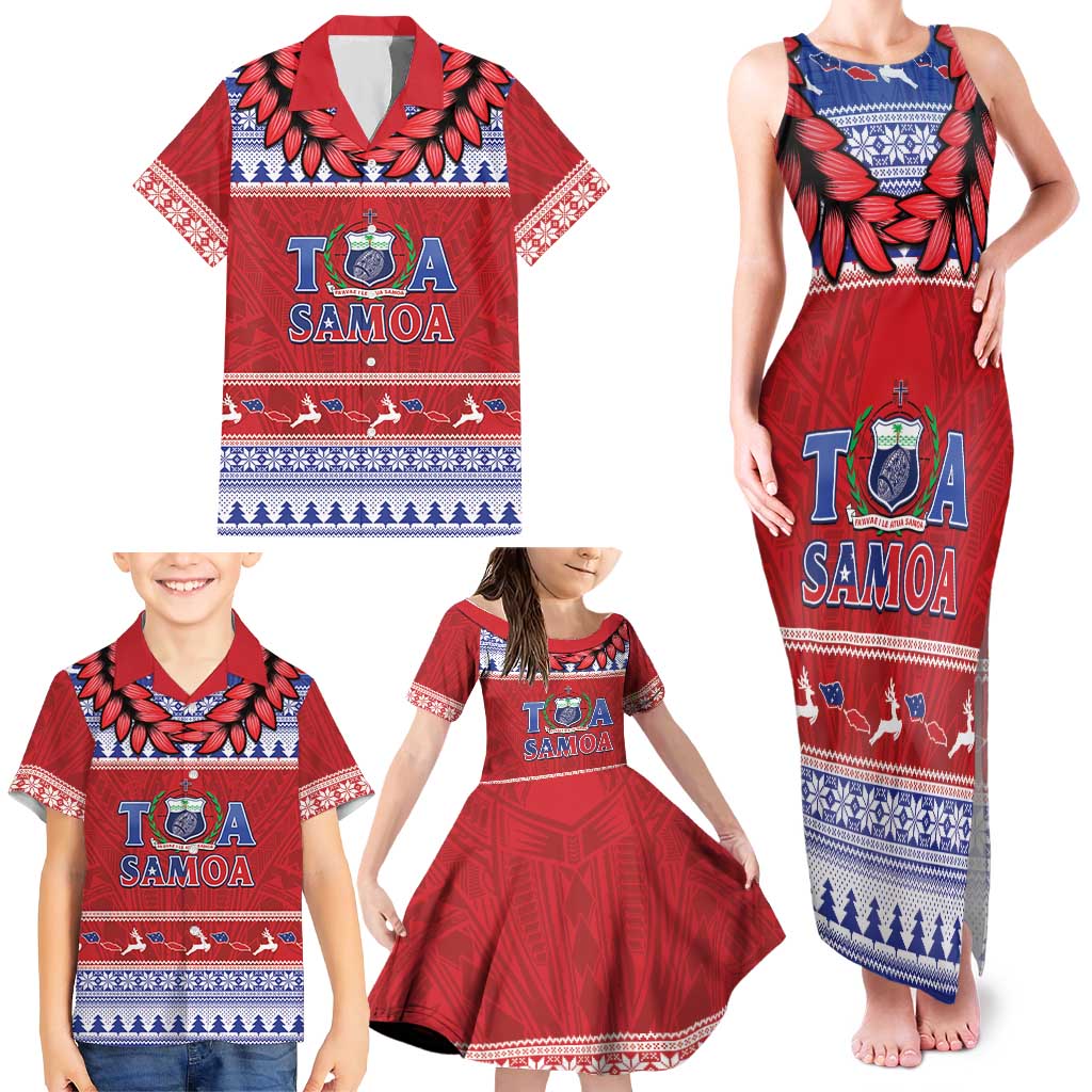 Personalised Toa Samoa Rugby Christmas Family Matching Tank Maxi Dress and Hawaiian Shirt Ula Fala Samoan Pattern Red LT14 - Polynesian Pride