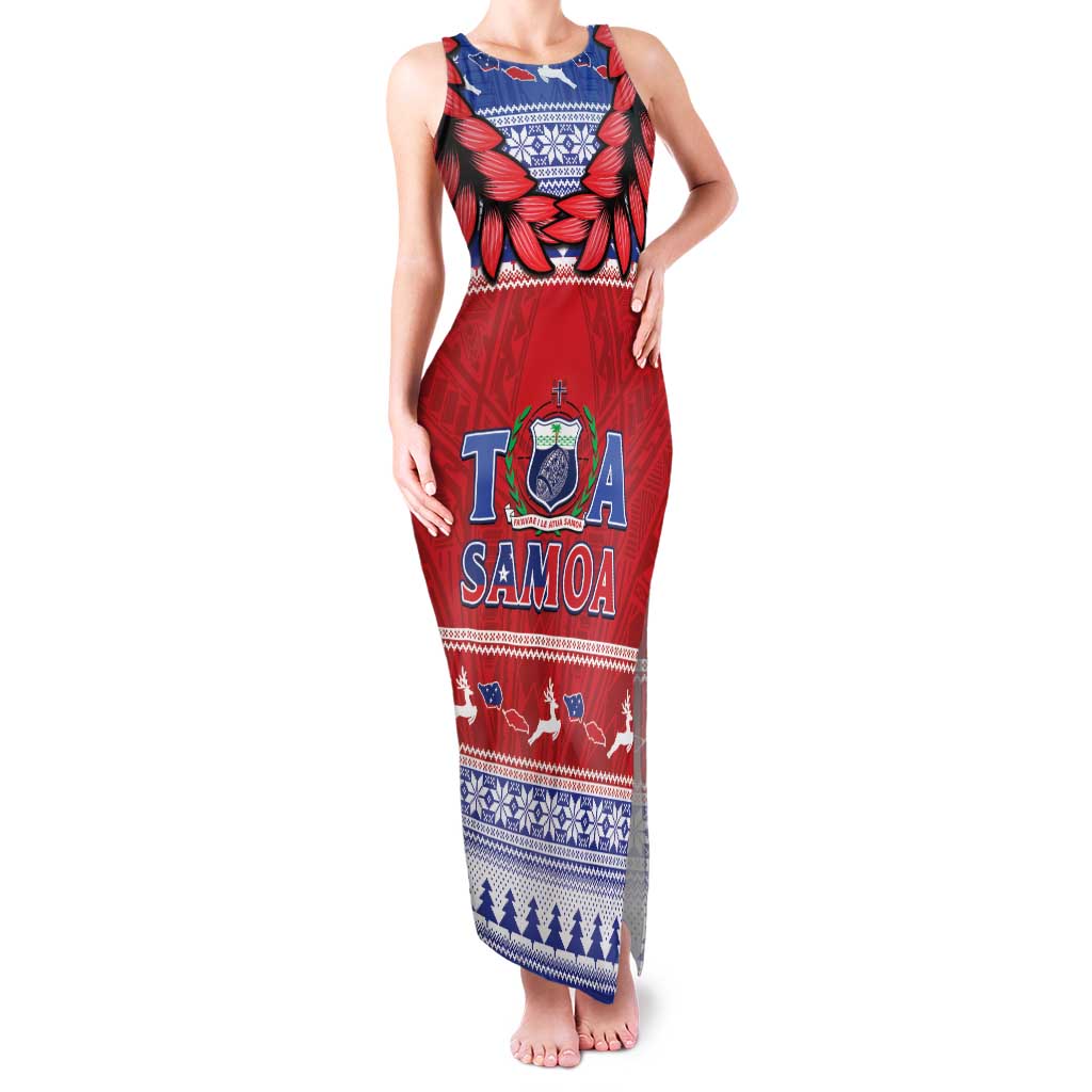 Personalised Toa Samoa Rugby Christmas Family Matching Tank Maxi Dress and Hawaiian Shirt Ula Fala Samoan Pattern Red LT14 Mom's Dress Red - Polynesian Pride