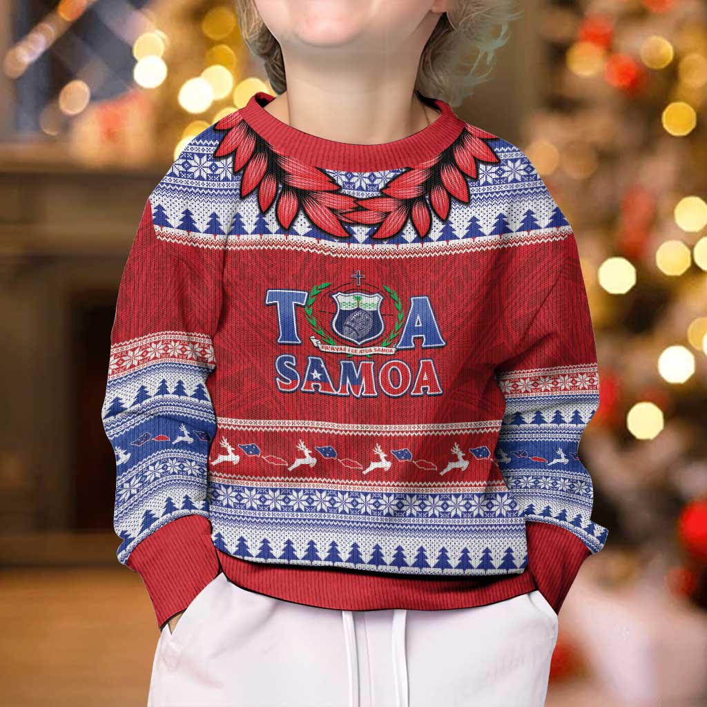 Personalised Toa Samoa Rugby Christmas Kid Ugly Christmas Sweater Ula Fala Samoan Pattern Red - Polynesian Pride