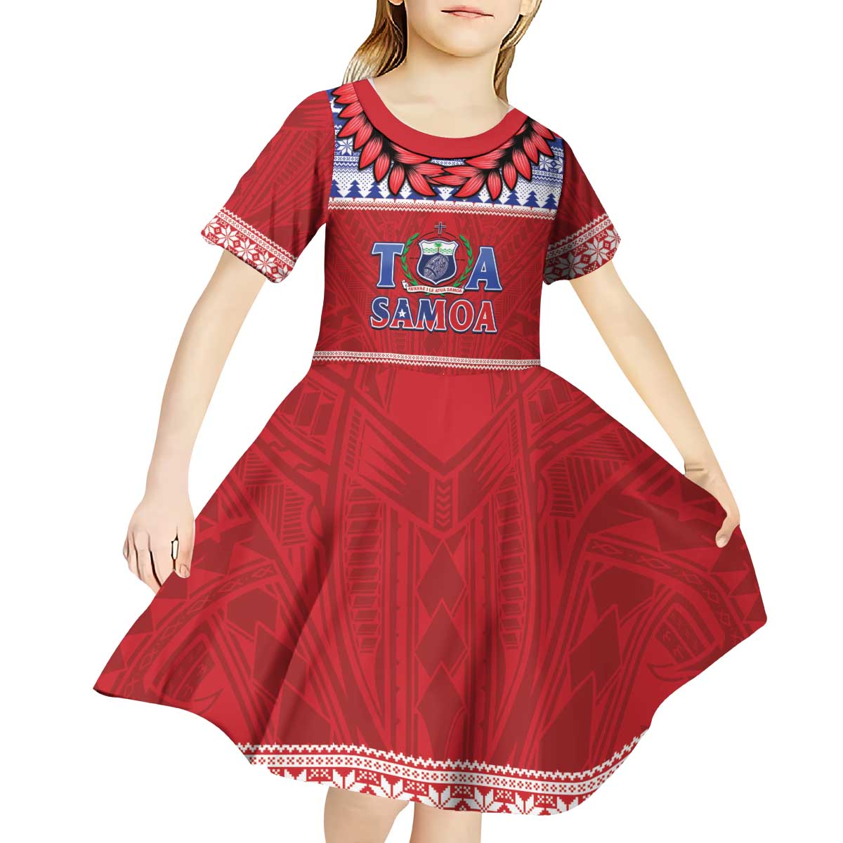 Personalised Toa Samoa Rugby Christmas Kid Short Sleeve Dress Ula Fala Samoan Pattern Red - Polynesian Pride