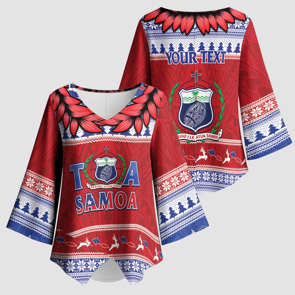 Personalised Toa Samoa Rugby Christmas Kimono Sleeve Blouse Ula Fala Samoan Pattern Red - Polynesian Pride