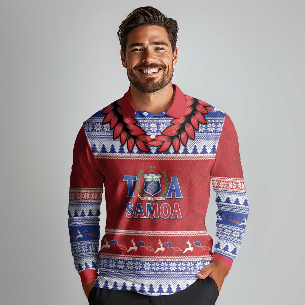 Personalised Toa Samoa Rugby Christmas Long Sleeve Polo Shirt Ula Fala Samoan Pattern Red - Polynesian Pride