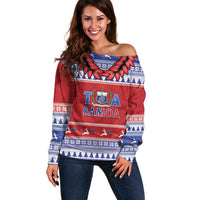 Personalised Toa Samoa Rugby Christmas Off Shoulder Sweater Ula Fala Samoan Pattern Red LT14 Women Red - Polynesian Pride