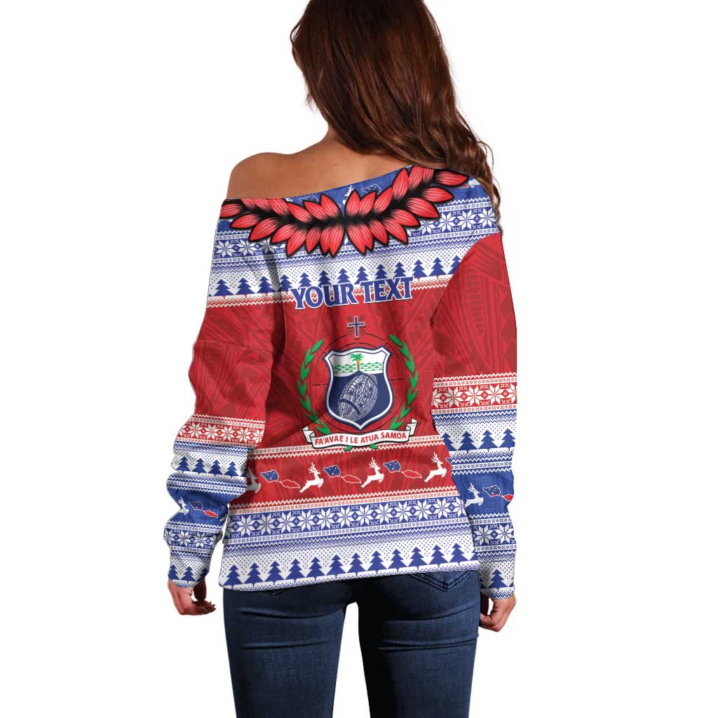 Personalised Toa Samoa Rugby Christmas Off Shoulder Sweater Ula Fala Samoan Pattern Red LT14 - Polynesian Pride