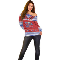 Personalised Toa Samoa Rugby Christmas Off Shoulder Sweater Ula Fala Samoan Pattern Red LT14 - Polynesian Pride