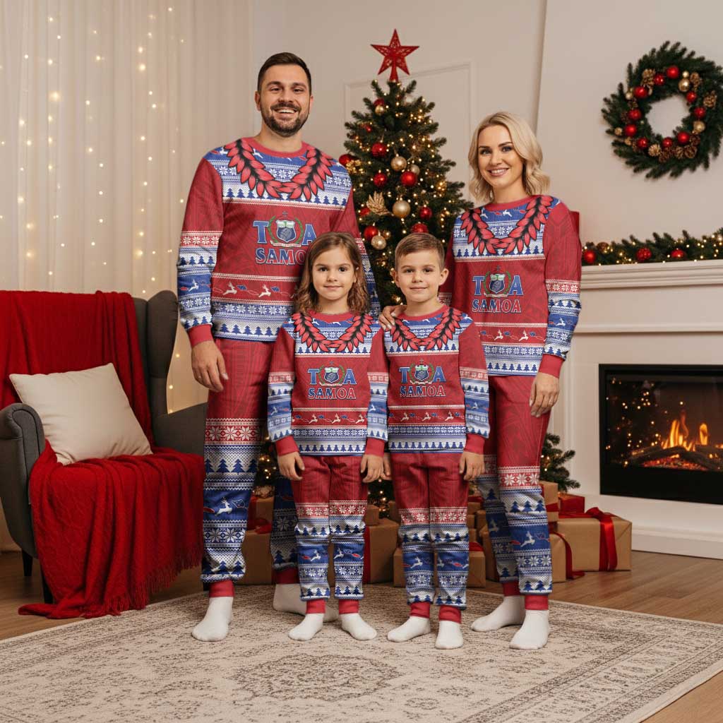Personalised Toa Samoa Rugby Christmas Pajama Set Ula Fala Samoan Pattern Red - Polynesian Pride