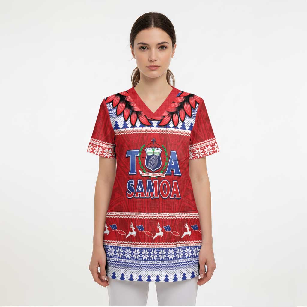 Personalised Toa Samoa Rugby Christmas Scrub Top Ula Fala Samoan Pattern Red - Polynesian Pride