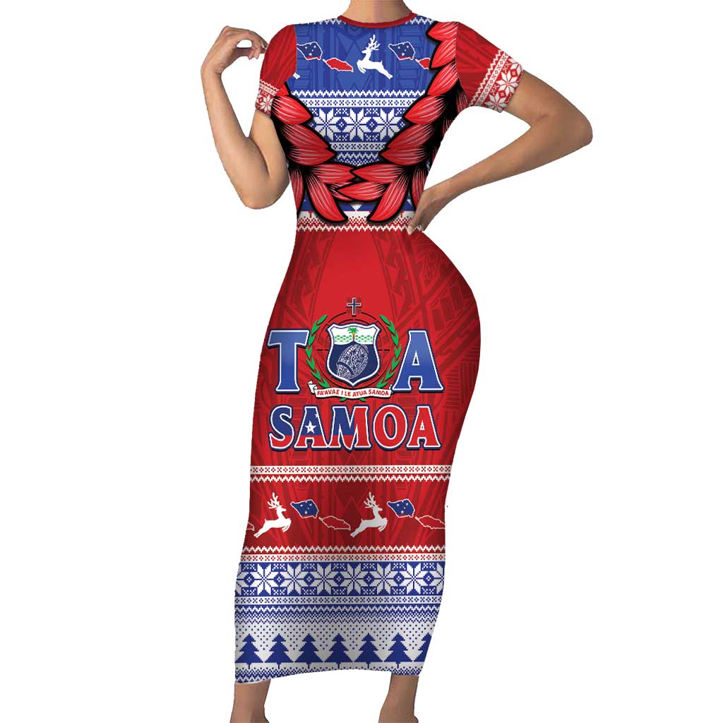 Personalised Toa Samoa Rugby Christmas Short Sleeve Bodycon Dress Ula Fala Samoan Pattern Red - Polynesian Pride