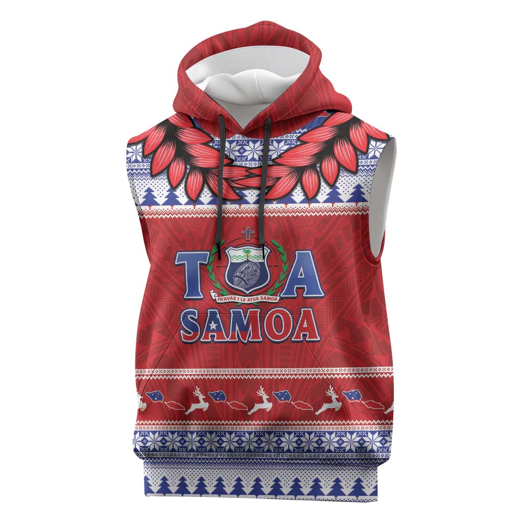 Personalised Toa Samoa Rugby Christmas Sleeveless Hoodie Ula Fala Samoan Pattern Red - Polynesian Pride